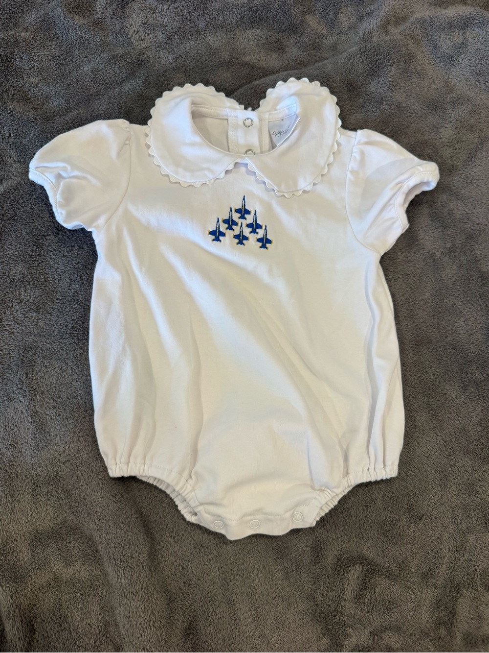 White Baby Onesie with Scalloped Collar and Blue Angels Embroidery
